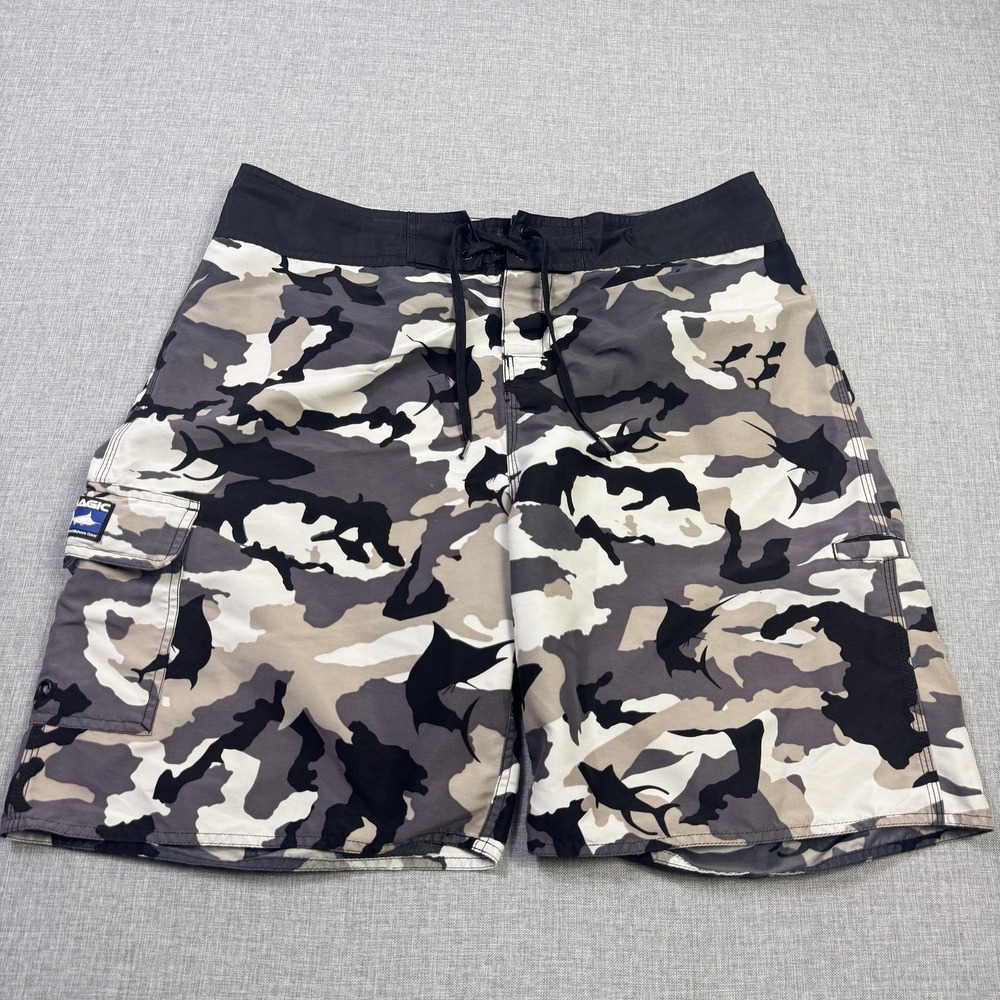 PELAGIC Fishing Camouflage Board Short Swim Trunks Mens 36 Gray Drawstring